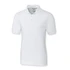 A white men's polo shirt with a collared neck and short sleeves, featuring a logo on the chest.