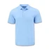 A light blue men's polo shirt with a classic collar and three-button placket, featuring a logo on the left side.