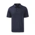 A navy blue men's polo shirt with a collar and three buttons, featuring a logo on the chest.