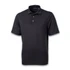 A black short-sleeve polo shirt featuring a collar, buttons, and a logo on the chest area.