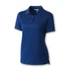 A blue women's polo shirt with a collar, short sleeves, and a logo.