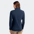 A women's half-zip top in navy, featuring a high collar and a fitted design, with a logo on the back.