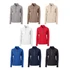 A collection of women's half-zip tops in grey, beige, white, red, blue, and navy, featuring long sleeves and a zipper.