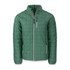 A green quilted men's jacket with a zip front and two side pockets, featuring branding.