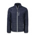 A navy quilted jacket featuring a zip front and grey accents, with pockets and a logo on one sleeve.