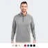 A man wearing a grey half-zip pullover, featuring long sleeves and a collar, with a logo. Different colour options below.