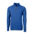 A blue men's half-zip pullover with long sleeves. The top features a zipper at the neck and has a logo.