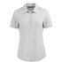A light grey women's polo shirt with a collar and short sleeves, featuring a button placket and a logo.