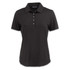 A black women's polo shirt with a collar and short sleeves, featuring a button placket and a logo.