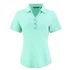 A short-sleeved women's polo in mint green with a collared neck and button detailing, featuring a logo.