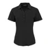A women's short-sleeve polo shirt in black, featuring a buttoned placket and a collar. It includes a logo on the design.