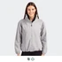 A full zip women's jacket in light grey, featuring a high collar and elasticated hem. It has a logo on the chest.