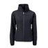 A women's full zip jacket in black with a high collar and long sleeves, featuring a logo on the side.