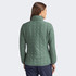 A quilted women's jacket in green with a high collar and a back view. It features a logo on the front.