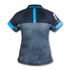 A women's performance polo in grey with blue accents, featuring a logo on the sleeve.