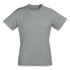 A light grey women's T-shirt with a rounded neckline and short sleeves. It features a logo on one side.