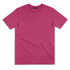 A pink T-shirt with a round neckline and short sleeves, featuring a logo on the label.