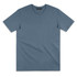 A blue women's T-shirt with a round neckline and short sleeves, featuring a logo on the collar.