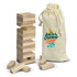 A stacked wooden tumbling tower game with natural finish pieces and a drawstring bag featuring a logo.
