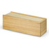 A wooden brain teaser set in a simple rectangular wooden box with a smooth finish.