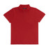 A red women's polo shirt featuring a classic collar and three-button placket, with a branding logo.