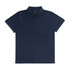 A navy polo shirt featuring a classic collar and three-button placket. It includes a logo on the front.