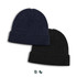 A pair of Merino wool beanies in navy and black, featuring a ribbed design. Each beanie has a logo.