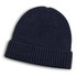 A navy blue merino wool beanie with a ribbed design and a folded cuff. It features a small logo.