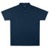 A navy blue polo shirt featuring a collar and a logo. The shirt has short sleeves and a classic fit.