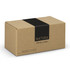 A bamboo tea box in a natural kraft finish, featuring a black logo, closed and rectangular in shape.