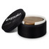 A circular black box containing a wooden coaster, with a white inner rim and a logo on top.