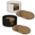 A set of round wooden coasters in white and black holders, featuring a natural wood finish.