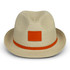 A straw fedora hat in light beige with an orange band and a blank area for branding.