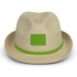 A straw fedora hat in beige with a green band and a blank patch for branding.