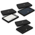A gift set featuring a notebook and pen in black, navy, and white packaging, with a logo on each item.