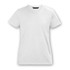 A white women's T-shirt with a V-neck design. The shirt has short sleeves and features a logo on the tag.