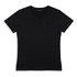 A black women's t-shirt with a v-neck design, featuring short sleeves and a fitted style. It has a logo.