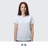 A white women's T-shirt with a V-neck design, featuring a subtle logo on the front.