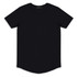 A black men's T-shirt with a rounded neckline and short sleeves. It features a logo on the label.