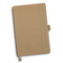 A brown notebook with a green elastic band closure, featuring a fabric ribbon bookmark and a simple design.