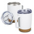 A drink bottle with a white body and cork base, featuring a clear lid and handle, shown with lid off.