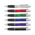 A set of six plastic pens in various colours: clear, red, green, blue, purple, and black, each with a silver clip and accents.