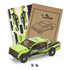 A wooden model of a ute in green and black, accompanied by assembly pieces and packaging.
