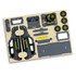A wooden model kit featuring pieces in black and yellow for assembling a hatchback car. Includes wheels and body components.