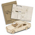 A wooden model of a sedan car with laser-cut pieces displayed alongside its packaging. The model features a natural wood finish.