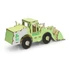 A wooden model of a wheel loader in green and natural wood, featuring a logo and a detailed design.