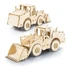 A wooden model of a wheel loader, featuring intricate cut-out details and natural wood colour.