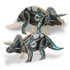 A wooden model of a Triceratops in black and blue, featuring robotic design elements and an embedded logo.