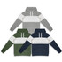 Three unisex hoodies in grey, green, and navy, featuring white horizontal stripes and a front pocket. Each has a logo.