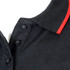 A black polo shirt with a red collar and button detail, featuring a logo on the left side.